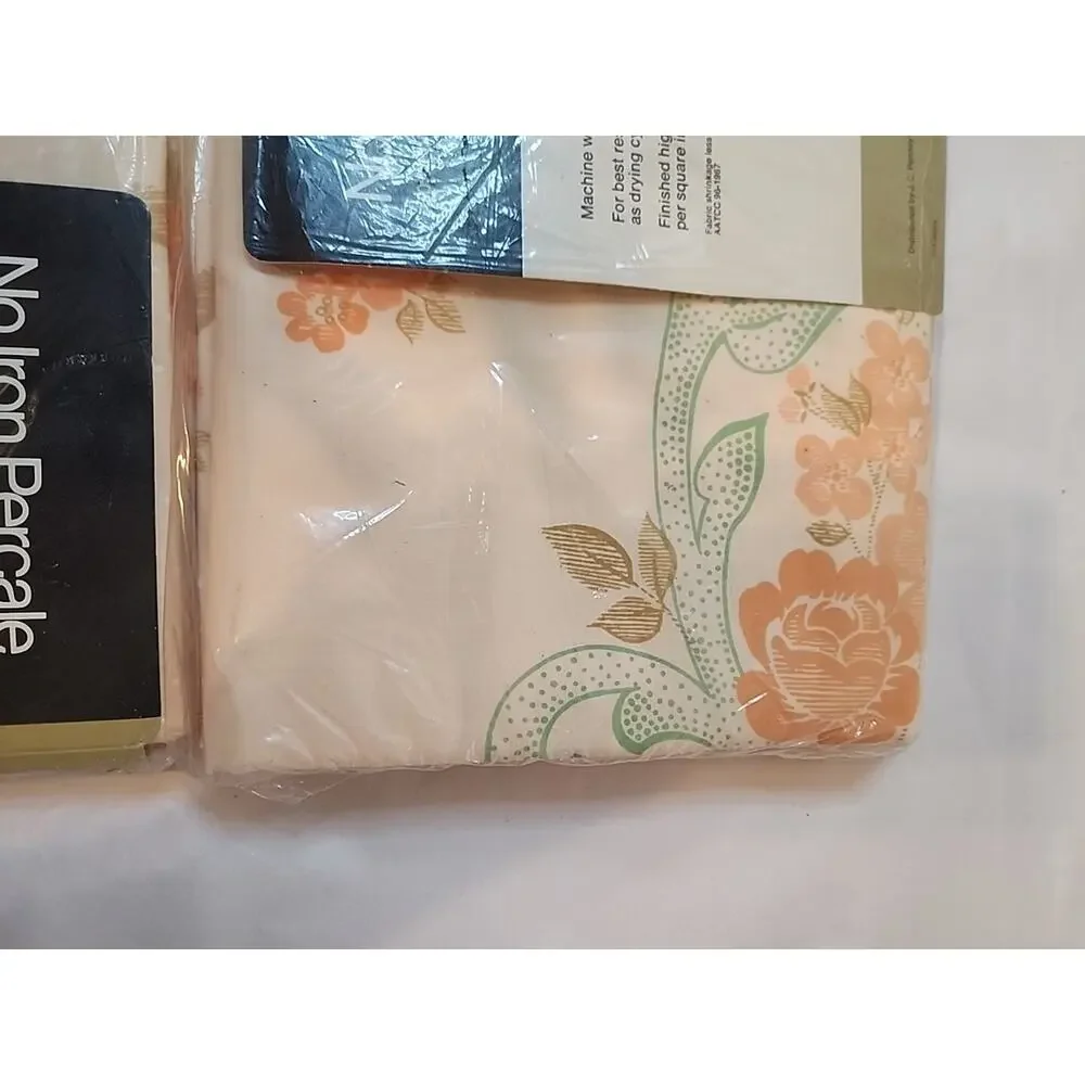 Vtg JCPenney No Iron Percale Fitted And Flat Sheets Floral Pale Orange Salmon